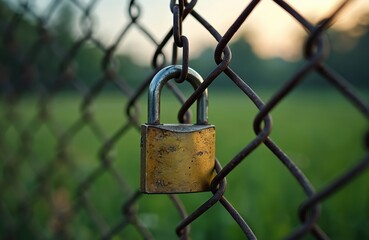 Close-up of old rusty padlock on chain link fence. Concept of security, privacy, protection, safety, secure access, data protection. Symbol of business, finance, banking, stock market, digital