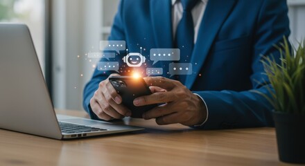 Businessman uses a mobile phone with a chatbot and speech bubbles while working on a laptop