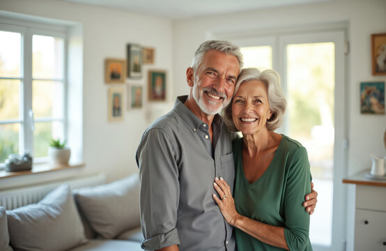 Happy senior couple embrace, smile, look at camera inside cozy house. Older man and woman enjoy life together, casual lifestyle. Retirement, love, vacation, home, happiness, bonding, togetherness. - Powered by Adobe
