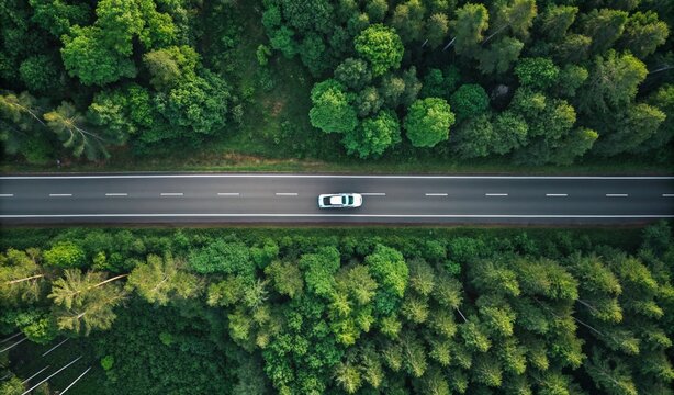 Aerial top view of electric vehicle driving on highway road in green forest. Sustainable transportation, zero emissions, and eco-friendly mobility for reducing carbon footprints. Road infrastructure,  - Powered by Adobe