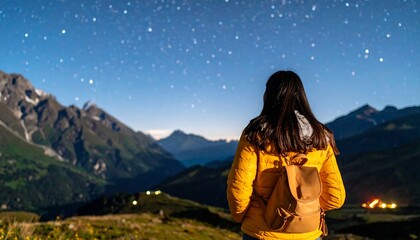Woman looking up at starry sky in mountains with adventure, night, and travel concept.