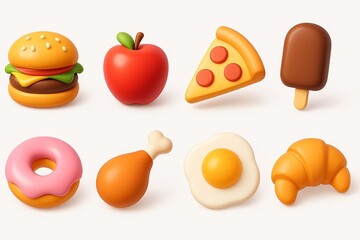 Set of 3D cartoon food icons including burger, apple, pizza, ice cream, donut, chicken leg, egg, croissant on white background