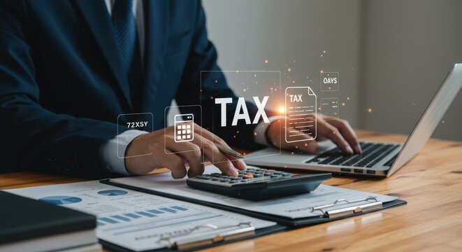 Businessman calculates tax using a calculator and laptop while reviewing financial documents