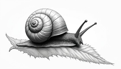 Detailed black and white illustration snail sits on leaf. Monochrome drawing shows shell, spiral, antennae, texture. Artistic design, nature, biology, slow life, garden.