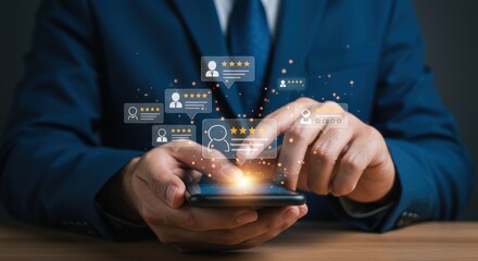 Businessman using mobile phone with customer review and rating icons floating above the screen
