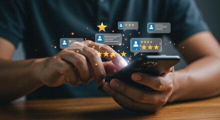 Person using a mobile phone to check customer reviews and ratings with star icons