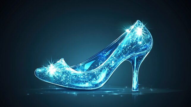 A single, light-blue glass slipper with a stiletto heel, shimmering with embedded sparkles, rests on a dark background, reflecting light
