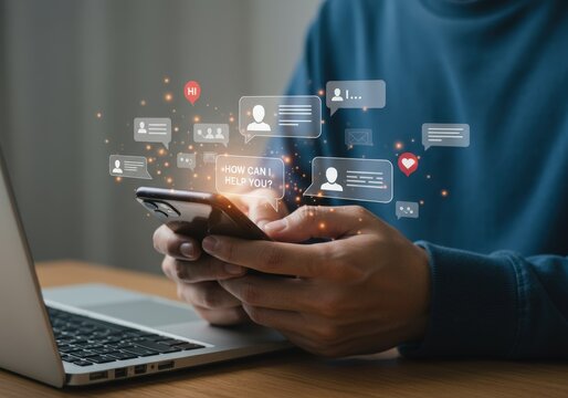 Man using smartphone with chat bubbles and laptop on desk representing online communication and digital interaction