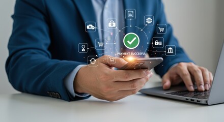 Businessman uses mobile phone for online payment with digital transaction icons and laptop