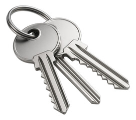 Two metallic house keys on a keyring displayed on transparent background.