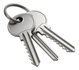 Two metallic house keys on a keyring displayed on transparent background.