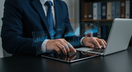 Businessman analyzes financial data and charts on a tablet and laptop in a modern office