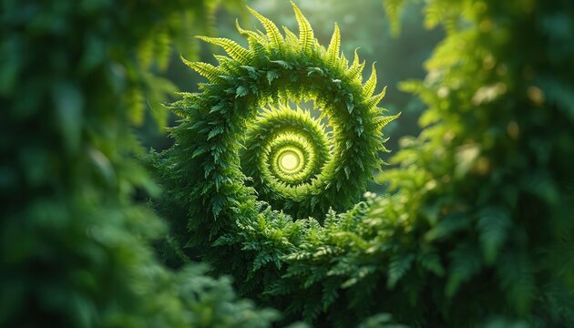 Fibonacci sequence spiral shape created by green leaves. Fractal design, nature art, spiral swirl, geometry, organic pattern. Nature background, concept for design, wallpaper, decoration,