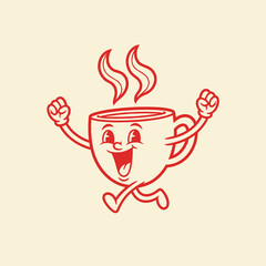 Joyful Red Cartoon Coffee Cup Running on Beige Background