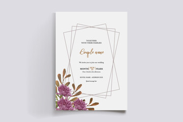 WEDDING INVITATION FRAME WITH FLOWER DECORATIONS AND FRESH LEAVES