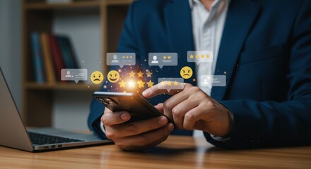 Person using a smartphone to provide feedback with star ratings and emoticons