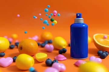 A blue spray bottle with a blue cap is on a table with a variety of fruits and candies