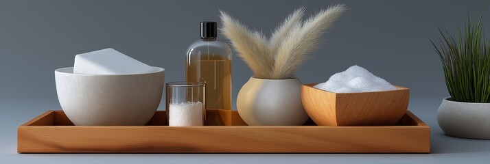 A tray with a variety of items including a bottle of lotion, a vase with flowers, and a bowl of salt
