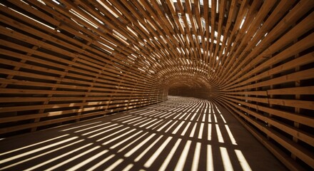 Capture the intricate detail of a curved architectural tunnel constructed from closely spaced wooden slats. Light filters through the gaps, creating sharp.