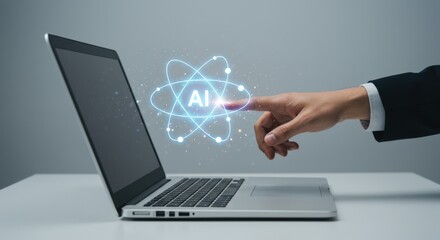 A hand touches an artificial intelligence symbol displayed on a laptop screen