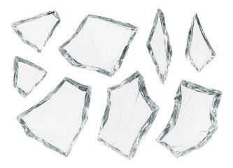 Multiple different sized and shaped clear glass pieces with irregular edges on transparent background.