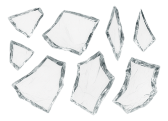 Multiple different sized and shaped clear glass pieces with irregular edges on transparent background.