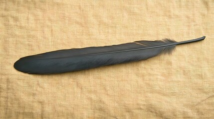 Single Dark Feather on Beige Linen Background, Nature Texture