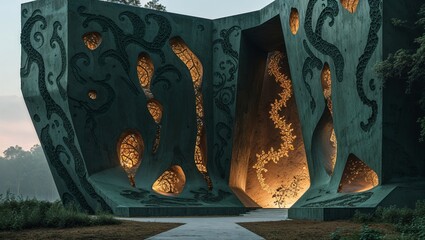 Concrete structure with ornate carvings, botanical motifs, and glowing openings in nature