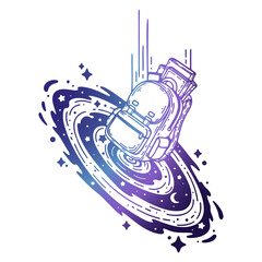 backpack with books falling into a swirling galaxy illustration