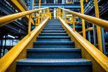 Industrial staircase with yellow handrails in a factory setting