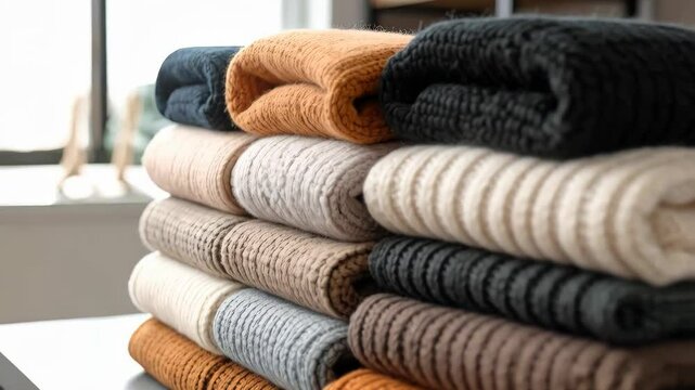 Close-up stack of folded knitted sweaters in varied earth-toned colors providing warm winter clothing options for cozy cold-weather dressing