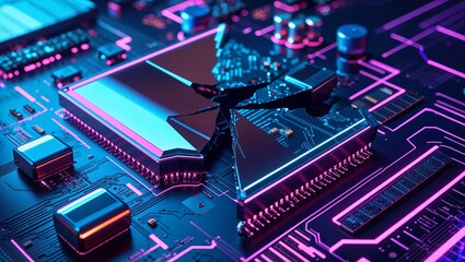 Vivid close-up of a fragmented computer chip with vibrant neon blue and pink highlights