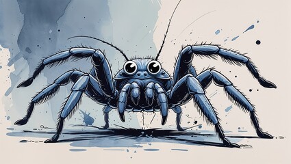 Playful Blue Watercolor Spider with Googly Eyes and Eight Legs on a White Background