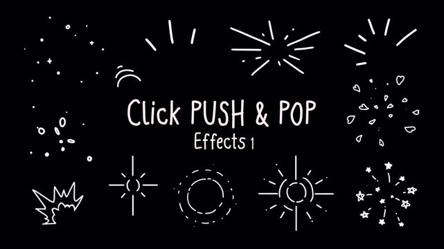 Set 1 of Click Push Pop line effects, circle burst ray, radiant, burst, stars, confetti, hearts, sparkle, Hand-drawn animation on a transparent background, alpha channel	