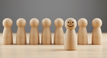 A smiling wooden figure stands out from a row of identical, expressionless figures on a light wood surface