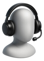Black over-ear headset with a microphone showcased on a smooth, featureless mannequin, on transparent background.