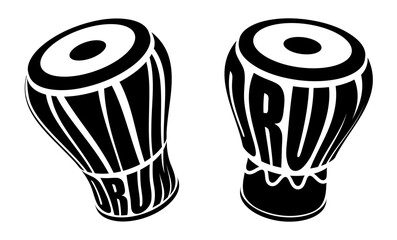 Emblem of musical African djembe drum musical instrument school. Learning to play African tribal percussion instruments. simple black and white vector isolated on white background