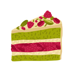 White chocolate raspberry dessert. Layered cake slice with green pistachio and pink raspberry flavor. Vector illustration of treats for food packaging, menus, posters, blogs, recipe books