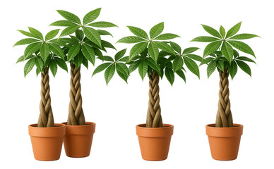 Fototapeta premium Four potted money trees with braided trunks and lush green leaves arranged side by side on transparent background.