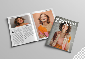 Isolated Magazine Cover and Open Magazine Mockup on White Background