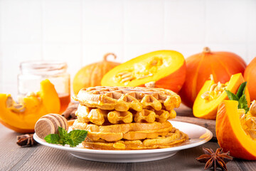 Autumn breakfast dessert, pumpkin waffle