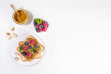 Summer breakfast delicious sandwiches with pistachio butter spread