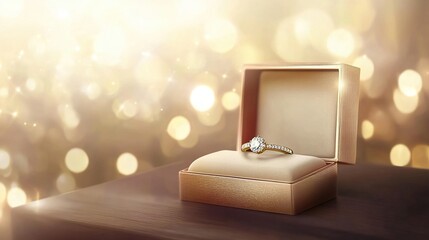 A solitaire diamond ring rests in an open gold jewelry box atop a dark wood surface, set against a bokeh background of warm, golden light