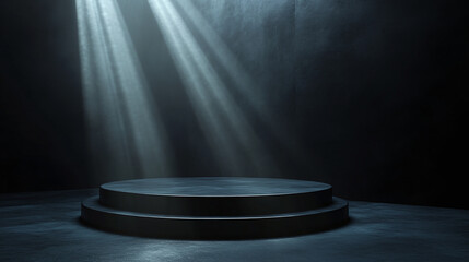 Dark Empty Podium with Dramatic Spotlight Beams &ndash; Mysterious Stage for Awards or Product Display