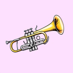 Obraz premium Detailed Golden Metal Trumpet on Lavender Background Musical Instrument Artwork