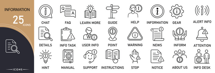 Information-related icon collections. Containing data, info, document, help, knowledge, support, search, FAQ, analysis, and report icons. Outline icons.