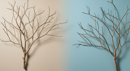 Obraz premium Bare Branch Composition: Two elegant, bare tree branches with intricate, thin limbs and twigs are artfully arranged against contrasting pastel backgrounds.