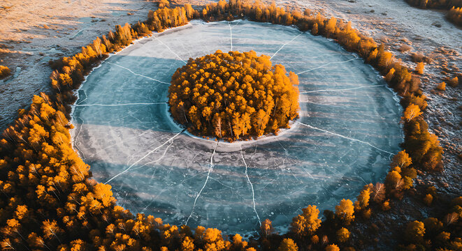Frozen Circle of Autumn Trees: An aerial view reveals a stunning circular frozen lake surrounding a copse of autumn trees. - Powered by Adobe