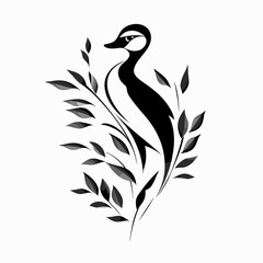 Obraz premium Stylized bird with leaves in black and white illustration