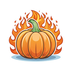Naklejka premium Cartoon Pumpkin Surrounded by Flames, Halloween Symbol on Fire, Spooky Icon
